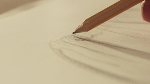 Close-up macro footage of a designer sketching smooth lines on white sketch paper with a wooden graphite pencil. Soft golden hour lighting. Static shot in 4K