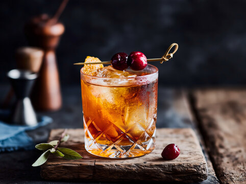 classic manhattan cocktail on the rocks with cherry and orange twist garnish