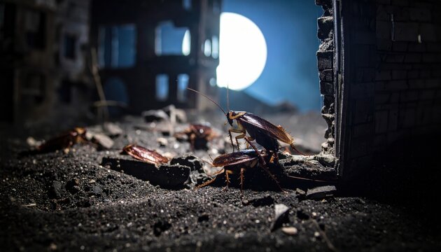Cockroaches Scurry Across Moonlit Ruins Amidst Debris
