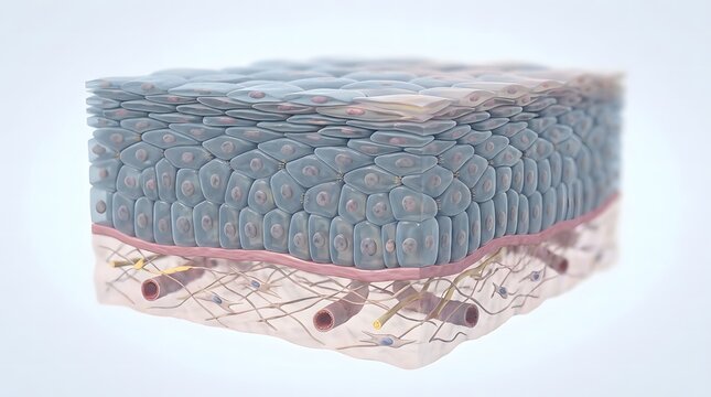 human body Microscopic view of human skin epidermis and dermis layers with cells and blood vessels