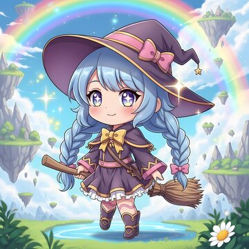 A cute chibi witch with blue braids and a purple hat stands on a magical floating island, holding a broom in front of a vibrant rainbow sky with glowing stars and distant mountains.