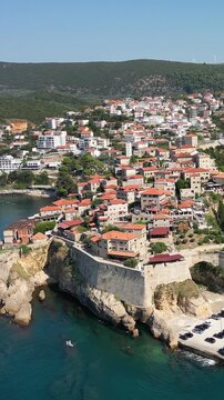 Beautiful aerial view showing the medieval fortified city of ulcinj in montenegro, revealing its historic architecture and coastline
