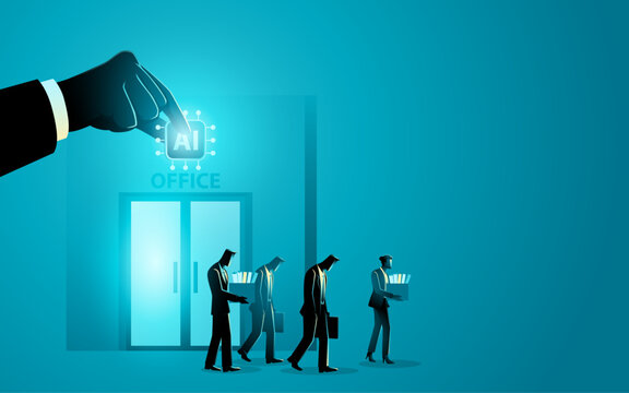 Artificial intelligence replacing office workers, ai automation causing job loss and workforce reduction business concept illustration