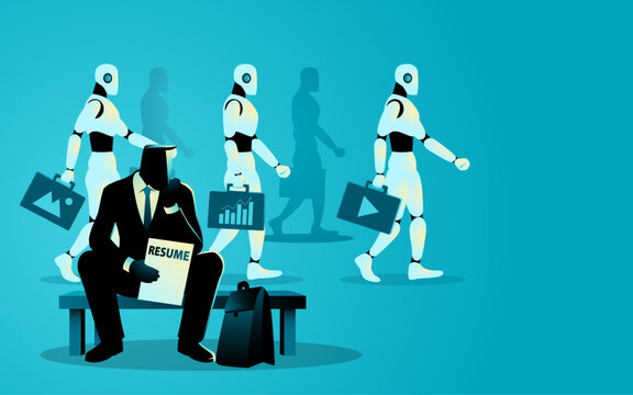 Conceptual business illustration of AI robots replacing office workers as an unemployed businessman holds a resume. Symbolizes automation and job loss
