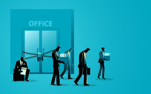 Conceptual business illustration of layoffs, unemployment, workforce reduction, office closure, downsizing, job loss, and economic recession.