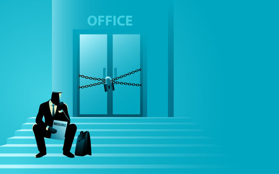 Conceptual business illustration of an unemployed businessman with a resume outside a locked office, symbolizing layoffs, job loss, and recession.