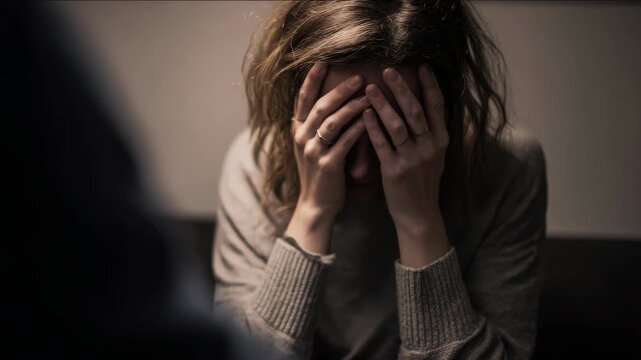 This shows a woman in distress, covering her face with her hands as if she is crying or upset. Her expression and body language convey emotionality and a sense of melancholy or despair.