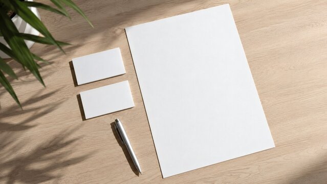 Minimalist stationery mockup scene with blank notecard, paper, and pen on beige background