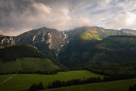 Dramatic view of Placliva Skala and Havran peaks in the Belianske Tatras, Slovakia, with low clouds covering the rocky summits, green forested slopes and soft evening light.