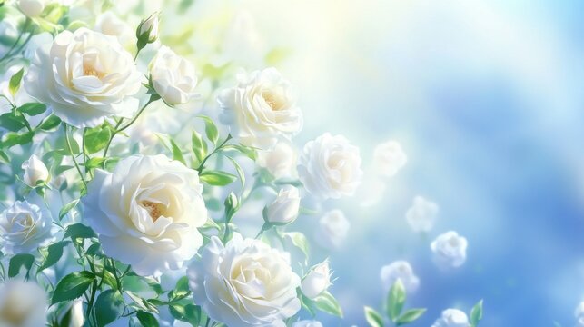 white roses on blue background with sunlight