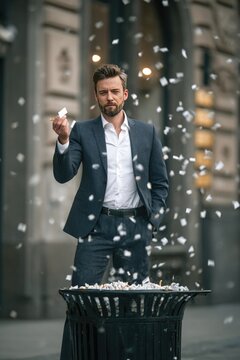 Businessman throwing cigarette pack into trash bin with confident expression, corporate wellness concept