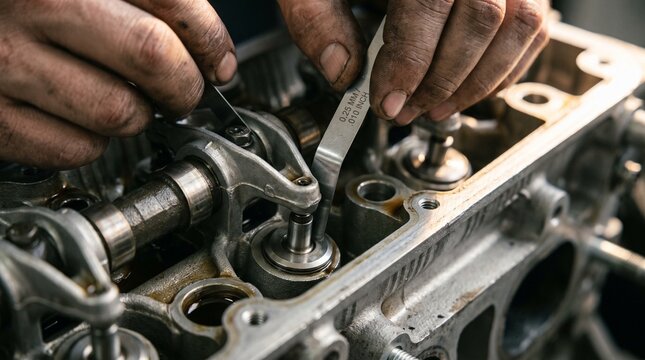 Close-up of a mechanic using a feeler gauge to check valve clearance in a car engine. Essential automotive maintenance for optimal engine performance and longevity.
