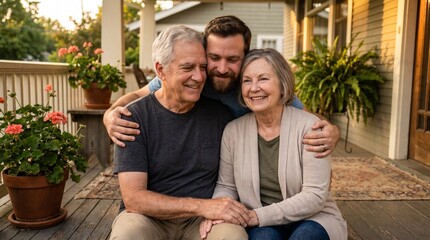 Fototapeta premium A young man hugs an elderly man and woman sitting on a porch.
