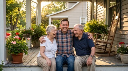 Fototapeta premium Three generations of a happy family sit together on a porch.