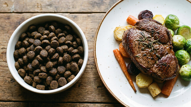 Delicious canine nutrition with human grade raw dog food and gently air dried kibble on a wooden table