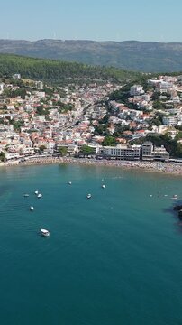 Aerial view of the central beach of the resort town of Ulcinj, Montenegro