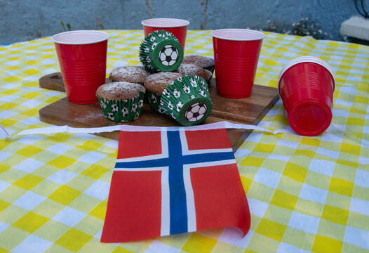 Norway, Norwegian, Football, Soccer, Party, Celebration, Fans, Supporters, Matchday, Bunting, Cakes, Tournament, Championship, TeamSpirit, NationalPride, Red, White, Blue, Decorations, Gathering, Fami