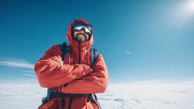 Smiling person wearing red jacket and goggles in snowy landscape with clear blue sky
