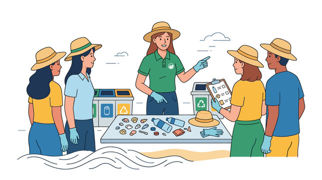 Beach cleanup volunteers sort trash and natural items