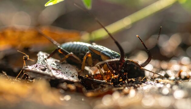 Detailed macro shot of an earwig navigating through damp leaf litter in its natural forest habitat