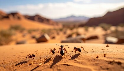 Obraz premium Determined Ants Marching in Columns Across a Sun-Baked Desert Floor Under Low Angle Sunlight