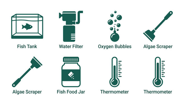 Aquarium equipment icons flat design vector illustration