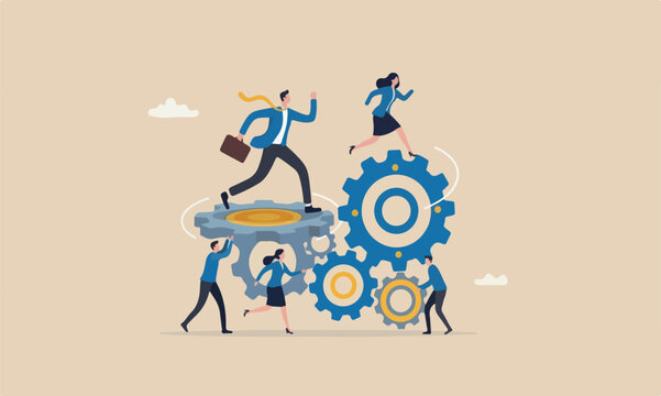 Teamwork business, partnership concept, businessman and woman running on cogwheel or gears rotate in sync to get work done
