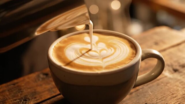 Latte art being poured into coffee cup on wooden table