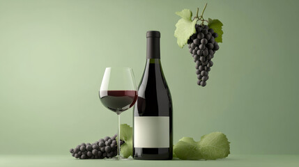 Obraz premium Elegant Wine Bottle and Glass with Grapes on Colorful Background