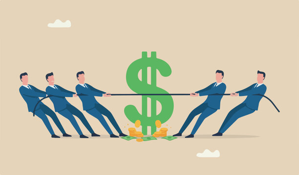 Fight for money, tug of war business competition fight for market share conflict concept, greedy team businessmen company owner or worker pulling tug of war money dollar sign with full effort
