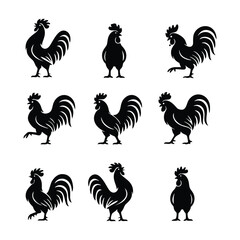 Set of Nine Black Rooster Silhouettes © nfdesign