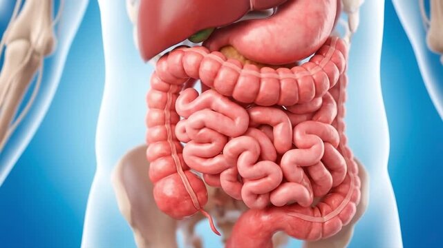 Human digestive system anatomy 3D medical illustration. Suitable for education, science presentation, medical documentary, and clinical animation.