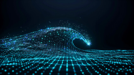 Wave of glowing blue dots and lines on a dark background, digital wave form © Creative Assets Hub 