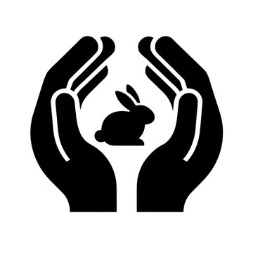 Hands protecting a small rabbit icon representing animal care and animal cruelty free concepts in a minimalist black and white style.
