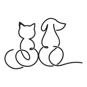 Continuous line art of cat and dog sitting side by side representing friendship between pets in simple minimalist aesthetic black drawing.