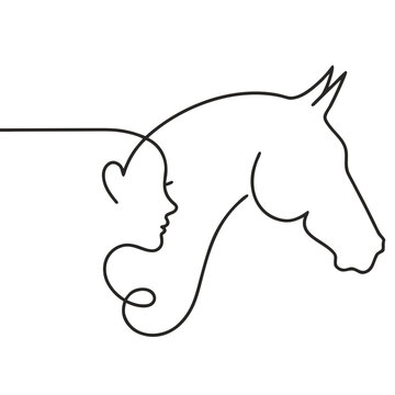 Single continuous line drawing depicting profile of human face merged with elegant horse head silhouette for equestrian lifestyle brand.