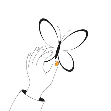 Graceful hand touching delicate butterfly outline design representing fragility and connection between human spirit and natural beauty.