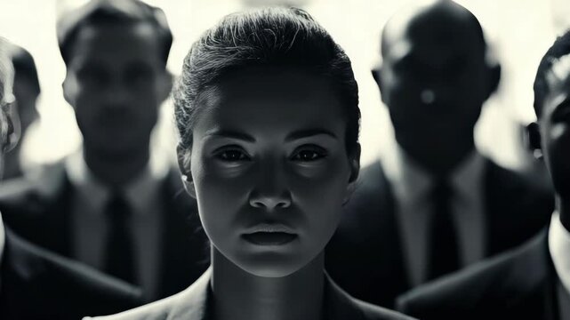 Blurry of a woman surrounded by men wearing suits.