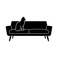 Black cat on sofa, feline sitting on couch, pet silhouette, home furniture, vector icon isolated on White Background © Md jakir