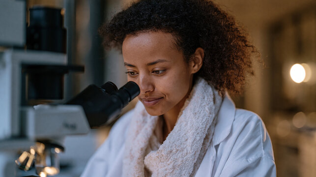 Ethiopian neuroscience graduate student observing cerebral organoid development under confocal microscopy in a dimly lit research corridor, brain disease modeling, stem cell