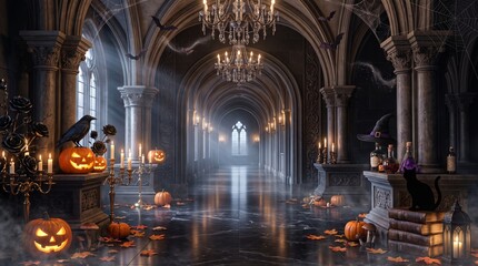 Fototapeta premium Eerie Gothic Castle Hallway Transformed for Halloween Night, Illuminated by Jack-o'-Lanterns and Mystical Light Beams, Evoking a Spooky and Ancient Atmosphere