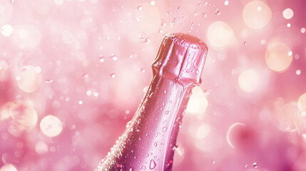 Fototapeta premium Pink Champagne Bottle with Bubbles on Sparkling Background