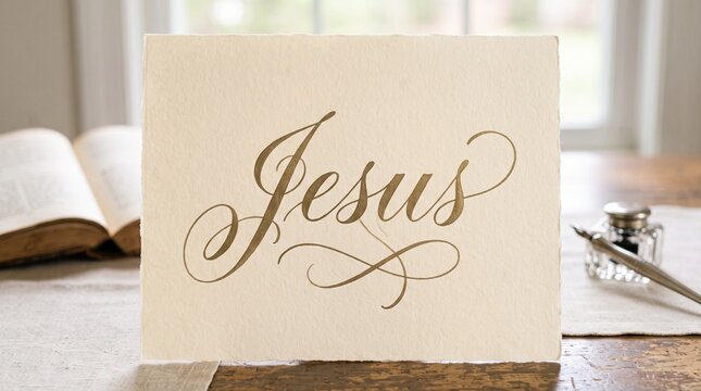 Religious faith and spiritual devotion, a handwritten Jesus calligraphy sign on paper with an open bible and inkwell on a wooden table