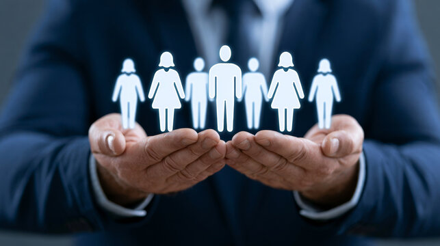 Human trafficking awareness concept with businessperson holding glowing human icons, symbolizing protection, support, and prevention of exploitation and abuse