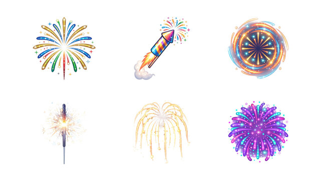 Colorful collection of vibrant explosive fireworks and sparkling rocket illustrations featuring brilliant shades of gold blue purple and red light effects designed for festive celebrations isolated pe