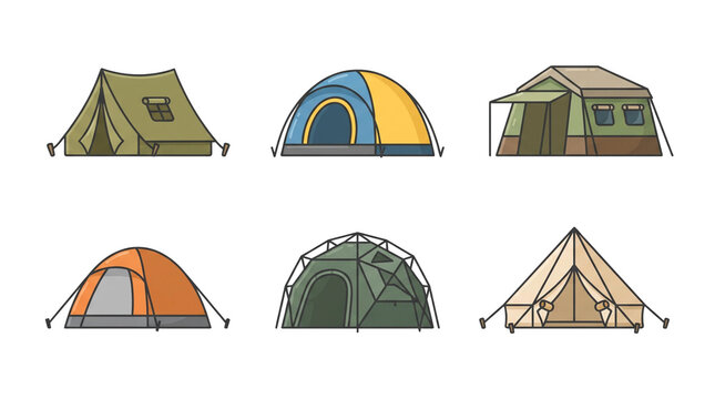 Collection of six colorful camping tent icons featuring various classic styles including dome and pyramid shapes rendered in a clean flat vector art design style presented on transparent background