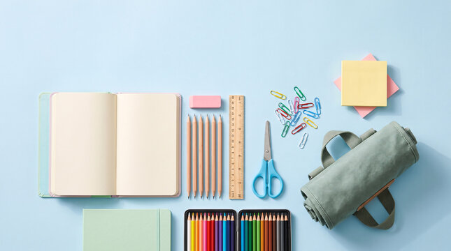 Flat lay arrangement of school supplies on pastel background with copy space