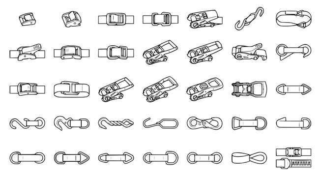 Collection of various ratchet tie down straps and metal buckle fasteners in black and white line art vector style for industrial cargo securement and logistics equipment design and labeling purposes