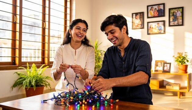 Happy young Indian couple untangling colorful string lights at a table in their home, joyful celebration and festive holiday preparation for Diwali with family bonding