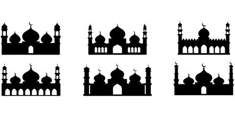Islamic mosque silhouette collection featuring traditional domes and minarets in black vector style © MSTROUJATOUS